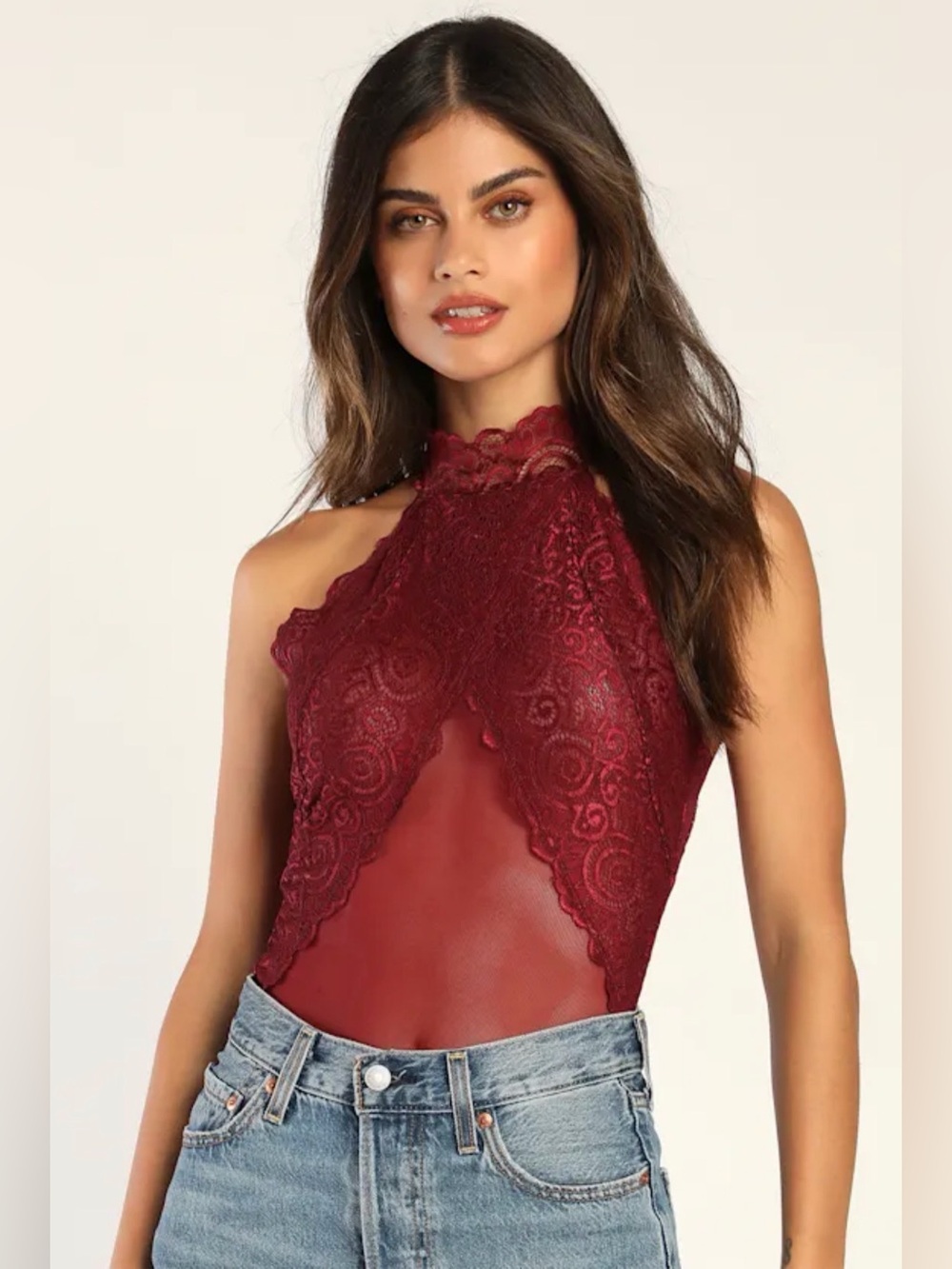 NWOT Lulu's Wine Lace Mock-Neck Bodysuit